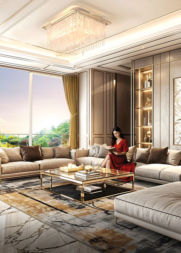 "Luxury living room interior of a premium Hiranandani Powai apartment with elegant furniture and glass view"