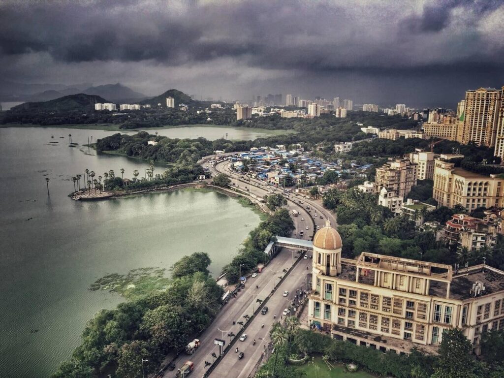Things to do in Powai: aerial view of Powai, Mumbai showcasing its scenic beauty and modern lifestyle.